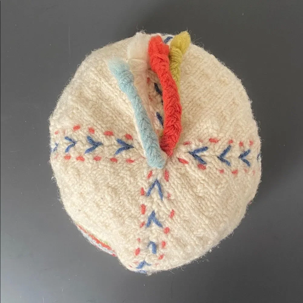 Newari Icelandic Design Cream Knit Pom Pom Beanie OS Colorful Boho Cottage